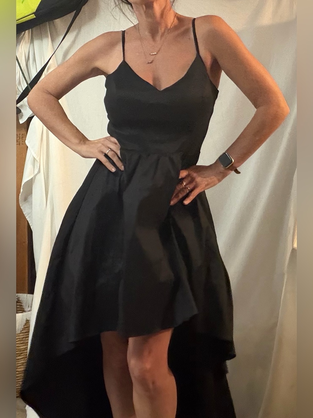 B. Smart Black Satin High-Low Spaghetti Strap Dress
